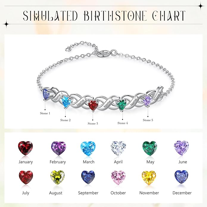 Personalized Custom Name Heart Bracelet with 1-6 Birthstone Bracelets for Women Engraved Family Names Link Bracelets for Mother's Day Mom Daughter