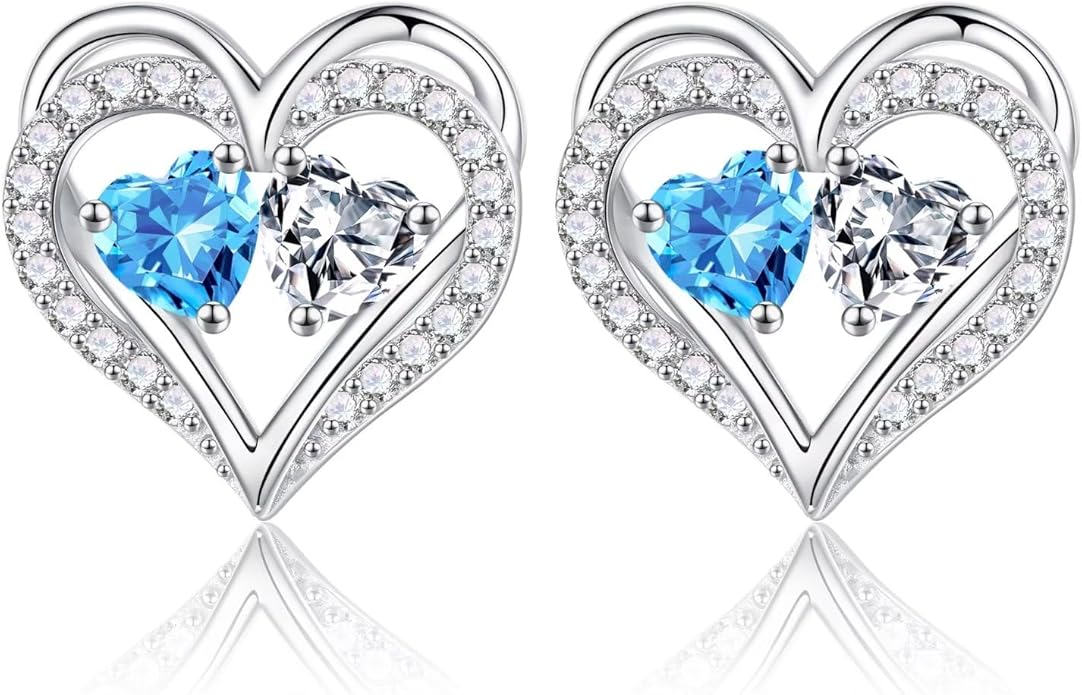 Iefil Birthstone Earrings for Women - 925 Sterling Silver Heart Earrings Anniversary Birthday Gifts for Women Wife Girlfriend Mom