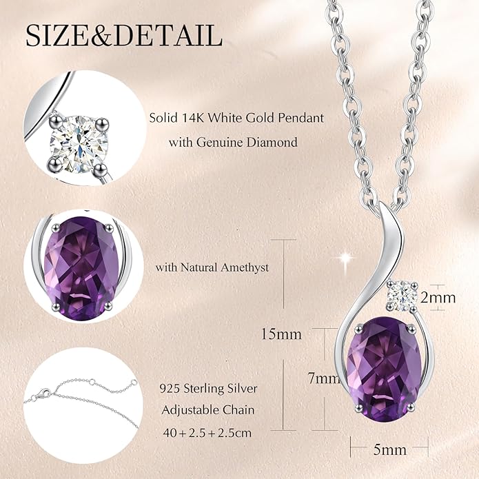 FANCIME 14K Solid White Gold Oval Gemstone Necklace with Diamond Pendant Gifts for Mom Women,16"+2" Inches