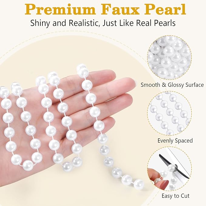 33 Feet Faux Pearl Garland, 10mm Pearl String Roll Strands, Extended String of Pearls Garland for Christmas Tree Wedding Party Decoration Centerpieces Flowers DIY Crafts (White)