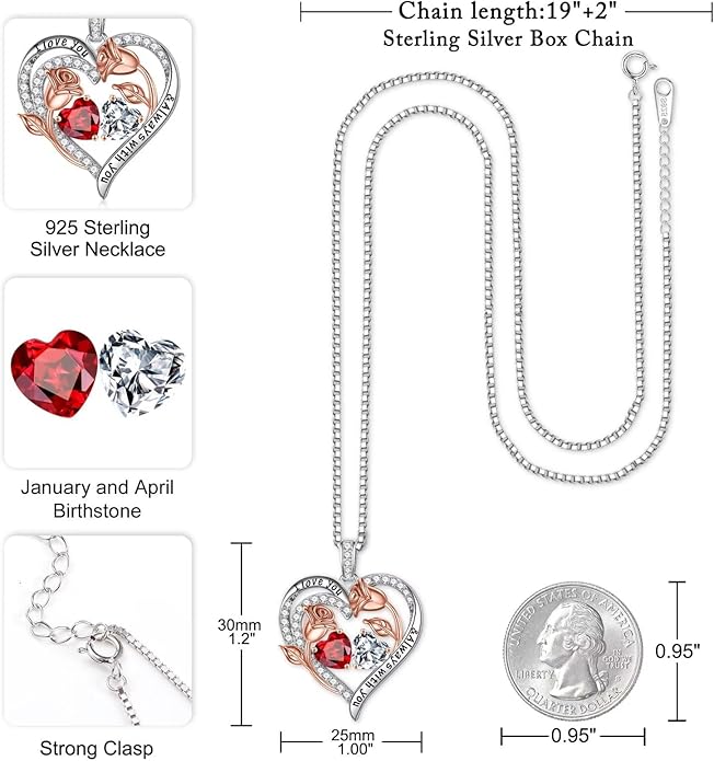 Iefil Birthstone Necklace for Women - 925 Sterling Silver Rose Heart Birthstone Necklace Birthday Anniversary Jewelry Gifts for Her Wife Mom Daughter