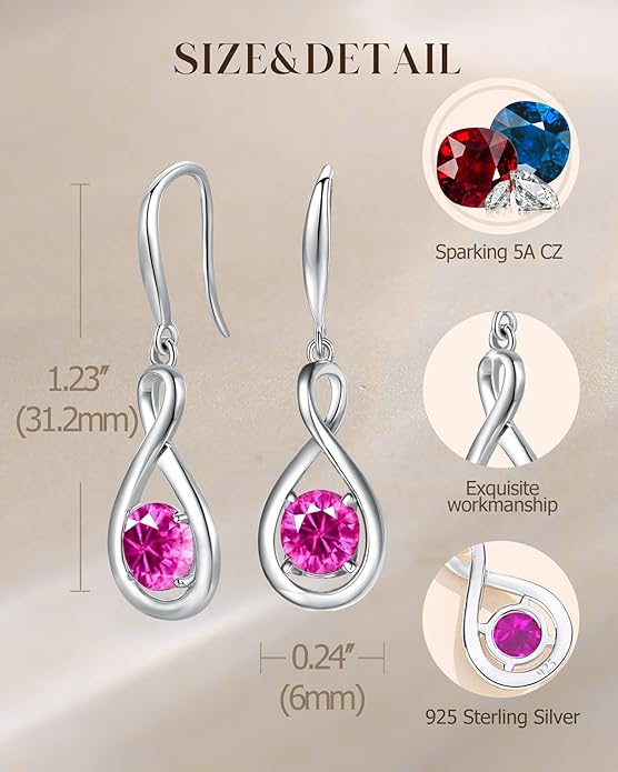 FANCIME Dangle Drop Earrings 925 Sterling Silver Dainty Infinity Round Gemstone Birthstone Jewelry Birthday Gifts for Her Women