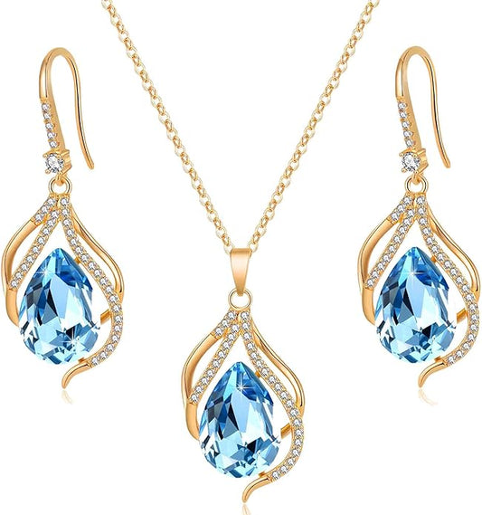 EVEVIC Austrian Crystals Teardrop Hollow Twisted Pendant Necklace Earrings for Women 14K Gold Plated Halo Drop Dangle Earrings Hypoallergenic Jewelry Set