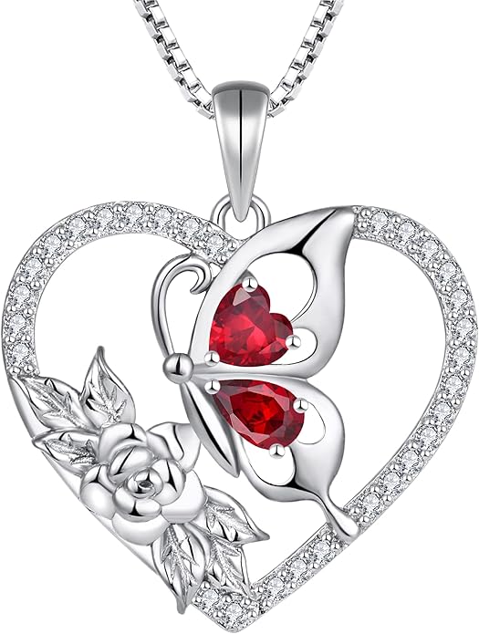YL Women's Butterfly Necklace 925 Sterling Silver Flower Rose Pendant Birthstone Halo Jewelry