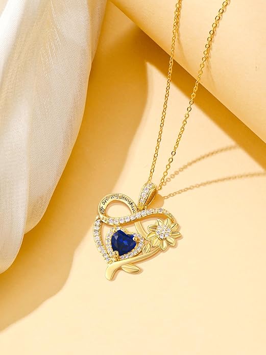 14K Gold Sunflower Heart Necklace for Women, You Are My Sunshine Jewelry with Birthstone Pendant, Anniversary Birthday Gifts for Her Wife Mom Grandma Daughter