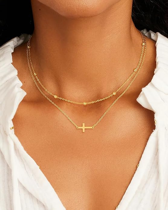Cross Necklace for Women Dainty 14K Real Silver Gold Plated Layered Cross Pendant Necklace Stack Simple Trendy Cute Charm Choker Necklaces Jewelry Gift for Women Teen Her