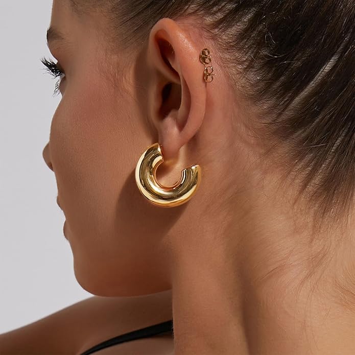 8YEARS Chunky Gold Hoop Earring for Women, 18K Gold Plated Lightweight Thick Hoops, Hypoallergenic Trendy Jewelry for Gift