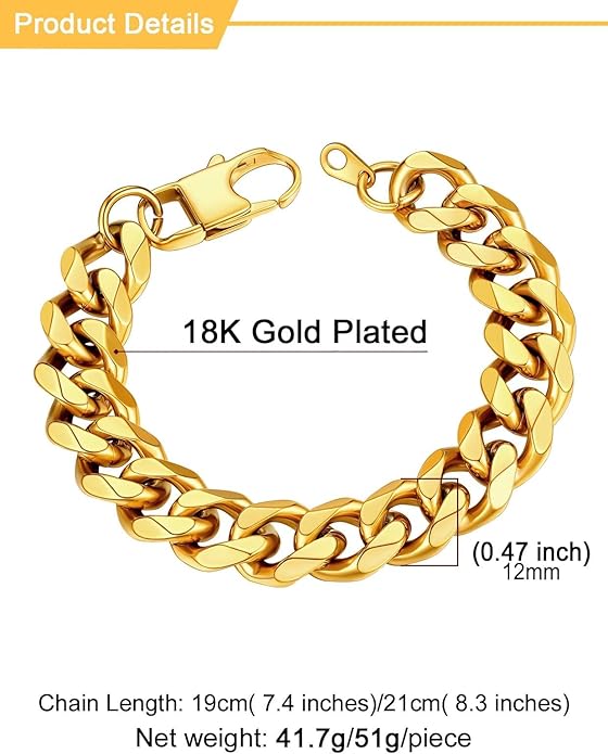 U7 Link Bracelets for Men, Cuban Link/Rope/Watch Band Solid Bracelet, Silver Black Gold Color Wrist Bracelet 3/6/9/12/15mm Width, 6.5/7.5/8.3 Inch Length, Hand Chain Jewelry for Mens Women