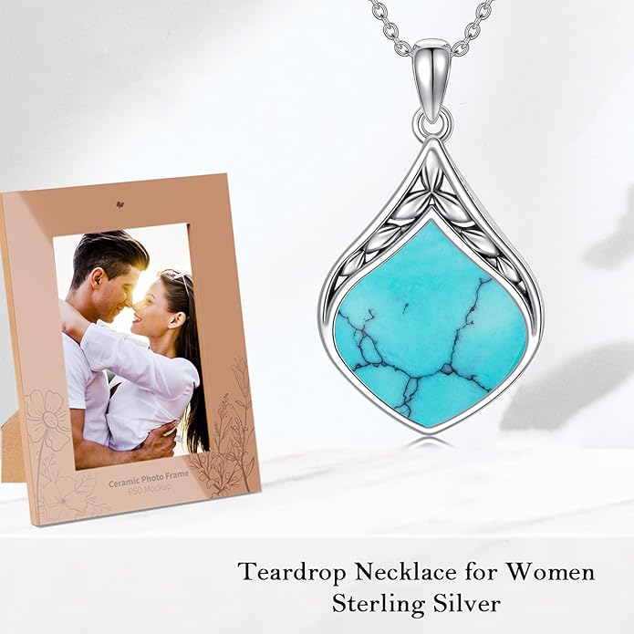 Teardrop Necklace 925 Sterling Silver Vintage Natural Gemstone Pendant Jewelry Birthday Christmas Gifts for Women Mom