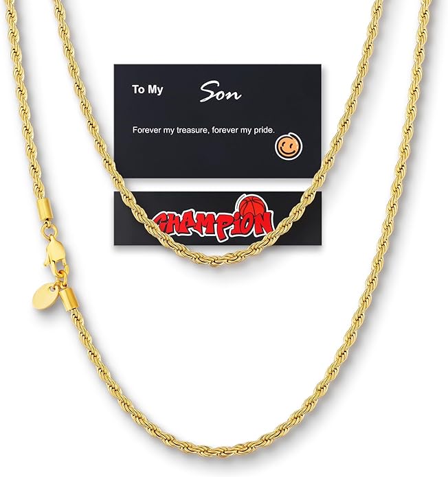 KRKC&CO Rope Chain Necklace for Men, Packaging with Gift Box & Card on Birthday from Mom Dad, 18K / White Gold Plated Chains, Hypoallergenic 316L Stainless Steel, Durable Men Jewelry, 3mm 16-26in