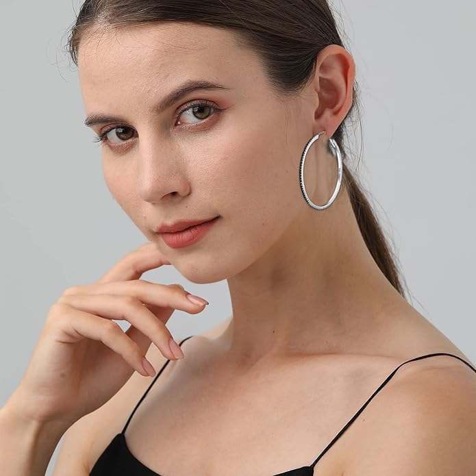 925 Sterling Silver Earrings Large Rhinestone Hoop Earrings Big Cubic Zirconia Hoop Earrings Thin Rhinestones Round Hoop Earrings for Women 20/30/40/50/60/70mm Sparkly Hoops With Crystals for Womens