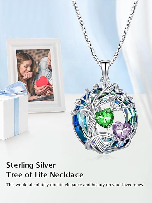 TOUPOP s925 Sterling Silver Family Celtic Tree of Life Pendant Necklaces with 2 Heart Birthstone with Blue Austrian Crystal Jewelry Birthday Anniversary Christmas Gifts for Her Wife Girlfriend Mom (18K Real White Gold Filled)