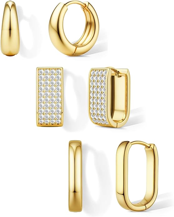 Florideco 3Pairs Chunky Gold Earrings Set 14K Gold Plated Hoop Earrings for Women Trendy Small Thick Huggie Hoops Earring Lightweight Silver Hoop Earring Sets for Multiple Piercing