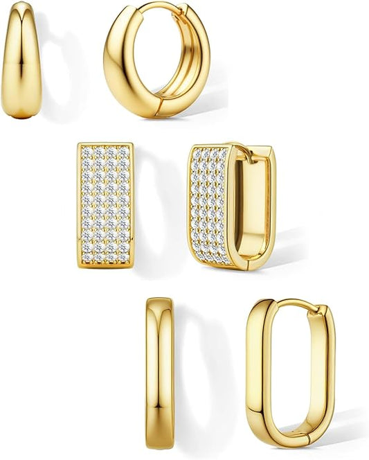 Florideco 3Pairs Chunky Gold Earrings Set 14K Gold Plated Hoop Earrings for Women Trendy Small Thick Huggie Hoops Earring Lightweight Silver Hoop Earring Sets for Multiple Piercing