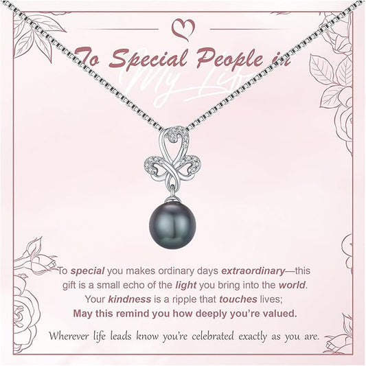 Tahitian Black Pearl 18K White Gold Plated Sterling Silver Heart/Infinity/Four Leaf Clover Pendant Necklace Jewelry Gifts for Women Wife Mom Girlfriend Wedding Birthday Anniversary Christmas