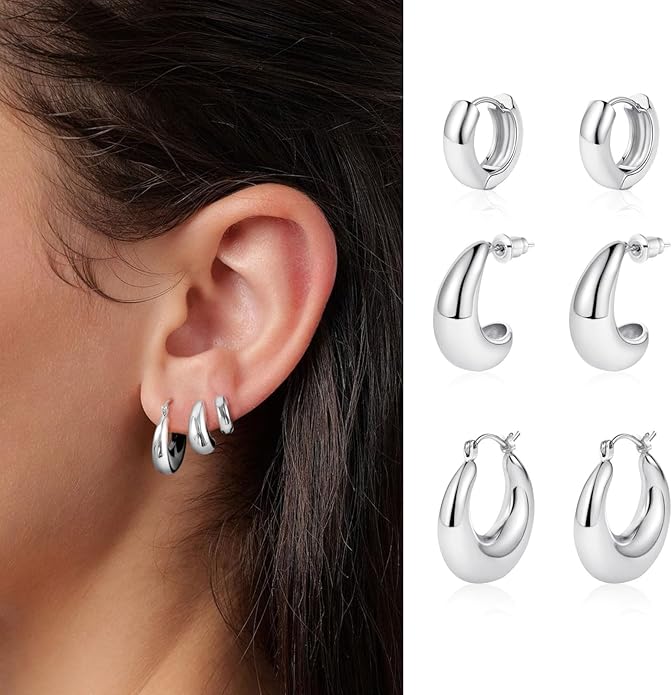 MIDEEO Gold/Sliver Chunky Hoop Earrings Set for Women, 14K Gold Plated Twisted Huggie Hoop Earring Hypoallergenic Thick Open Lightweight Chunky Hoop Earrings Jewelry for Gifts