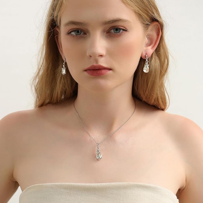 RUOFFETA Teardrop Crystal Jewelry Set, Birthstone Pendant Necklace Drop Dangle Earrings for Women