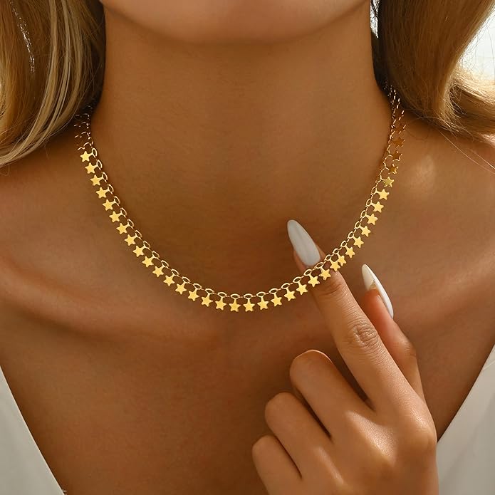 Gold Chain Necklace for Women 18K Gold Plated Stainless Steel Necklace Dainty Star Cross Heart Choker Chains Simple Delicate Minimalist Trendy Jewelry