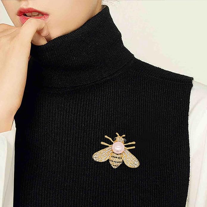 Honey Bee Brooches Crystal Insect Themed Bee Brooch Animal Fashion Shell Pearl Brooch Pin Gold Tone