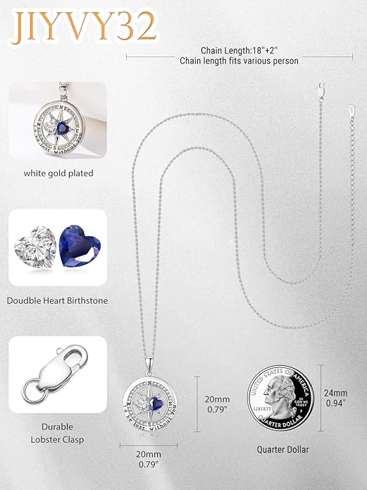 Compass Birthstones Necklace for Women, Exquisite Anniversary Birthday Gifts for Wife Her Double Birthstone Pendant jewelry ‘I'd be Lost Without You’