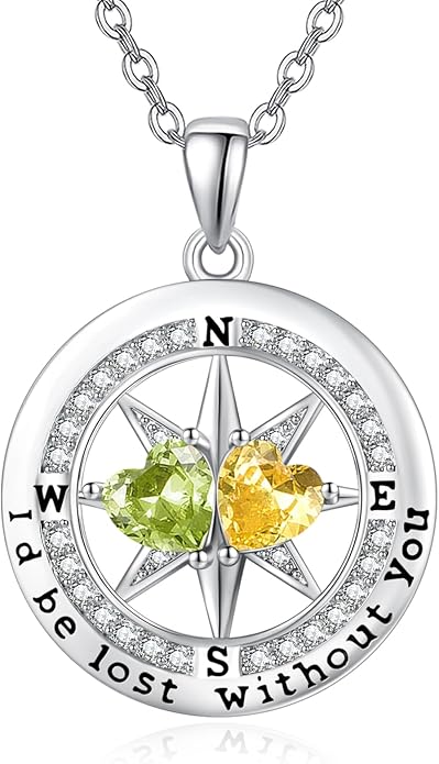 JIYVY32 Compass Birthstones Necklace for Women, Exquisite S925 Necklace Anniversary Birthday Gifts for Wife Her Double Birthstone Pendant jewelry ‘I'd be Lost Without You’