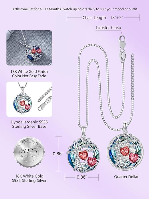 TOUPOP s925 Sterling Silver Family Celtic Tree of Life Pendant Necklaces with 2 Heart Birthstone with Blue Austrian Crystal Jewelry Birthday Anniversary Christmas Gifts for Her Wife Girlfriend Mom (18K Real White Gold Filled)