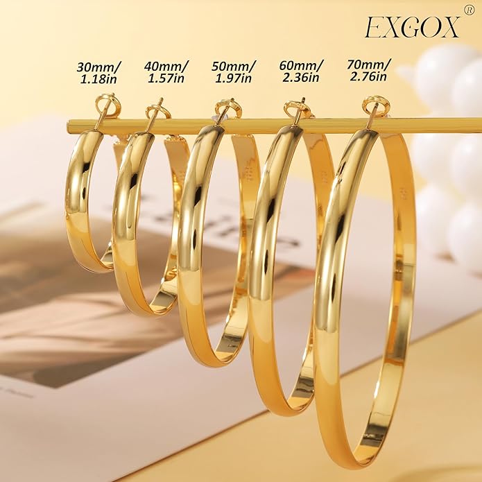 EXGOX 5mm Wide Gold Hoop Earrings for Women,Sterling Silver Hoop Earrings Large Silver Hoop Earrings Hypoallergenic Lightweight 14K Real Gold Plated Big Hoop Earrings for Women 30/40/50/60/70mm