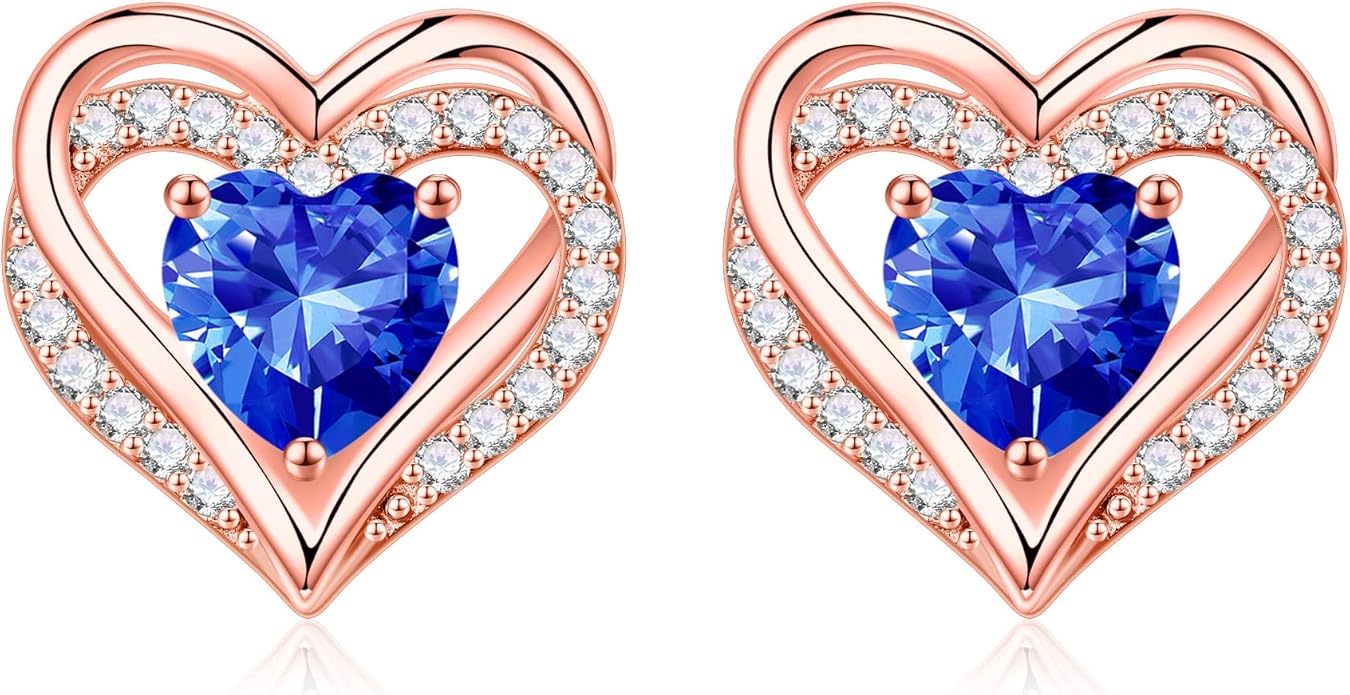 Iefil Birthstone Earrings for Women, 925 Sterling Silver Heart Stud Earrings Birthday Gifts for Women