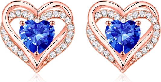 Iefil Birthstone Earrings for Women, 925 Sterling Silver Heart Stud Earrings Birthday Gifts for Women