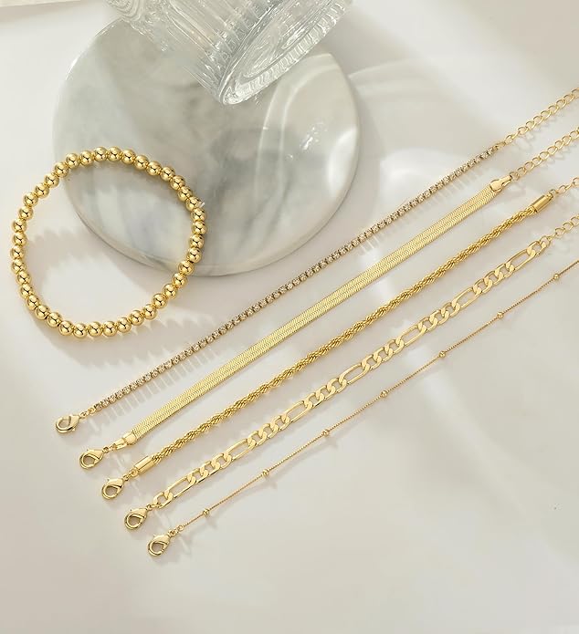 Gold Bracelets for Women 14K Gold Plated Stack Trend Bracelets Charm Paperclip Chain Cuban Link Layered Waterproof Bracelet Dainty Bracelet for Women Jewelry Gifts