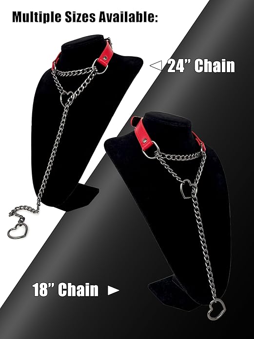Black Leather Choker Collar For Women, Handmade Heart Slip Chain Choker Long Necklace with Adjustable Buckle