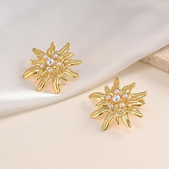Womens Floral Gold Studs Earrings - 14K Gold Plated Earring,Personality Summer Big Flower Stud,Hypoallergenic Statement Chunky Ear Rings Aretes Trendy Jewelry,Christmas Birthday Prom Gifts for Her