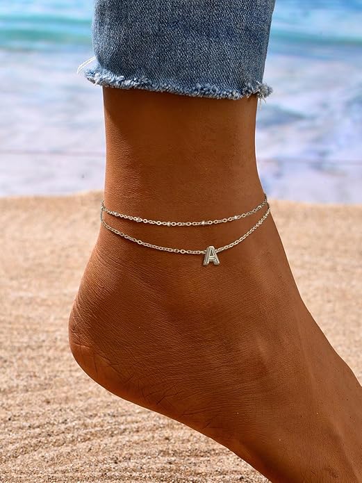FaithHeart Initial Ankle Bracelets for Women, Waterproof 14k Gold Plated Initial Anklets Non Tarnish Stainless Steel Layered Anklet Summer Beach Foot Jewelry