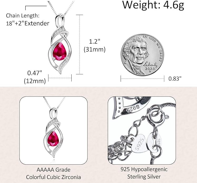 Birthstone Necklace for Women 925 Sterling Silver Necklace Birthday Gifts for Women Mom Wife 18"+2" Inch