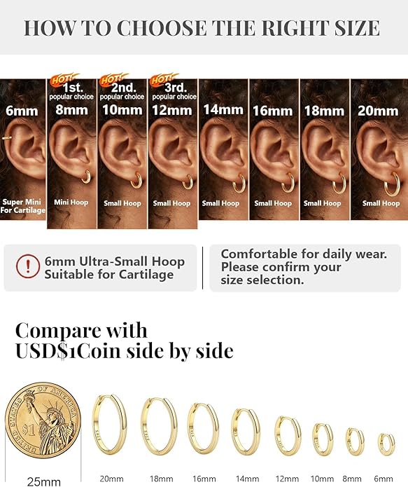 Silvora 925 Sterling Silver Small Hoop Earrings for Women Huggie Earrings Hypoallergenic Cartilage Earrings Tiny Hoops 6mm/8mm/10mm/12mm/14mm/16mm/18mm/20mm