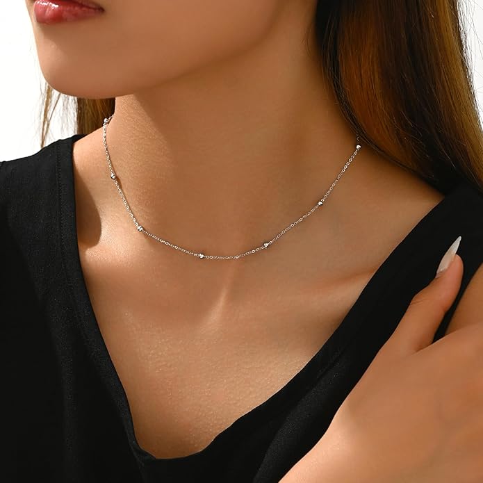 Dainty Chain Necklace for Women, 18K Gold Plated Coin Disc Choker Necklaces Simple Satellite Beaded Twisted Thin Paper Clip Chain Everyday Jewelry Gifts