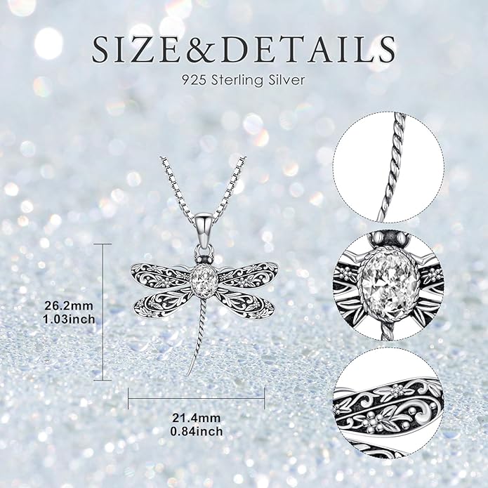 Vintage Dragonfly Necklace for Women 925 Sterling Silver, Oval Birthstone Dragonfly Pendant Boho Jewelry Birthday Gift for Her, Mom, Grandma