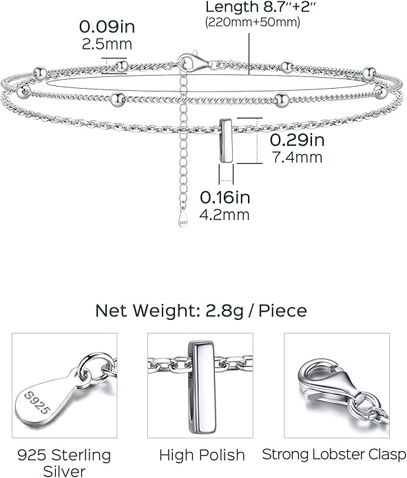 ChicSilver Ankle Bracelets for Women Waterproof, 925 Sterling Silver Initial Anklets for Women, Adjustable Dainty Layered Anklet Beach Jewelry for Women Mom Wife Friend