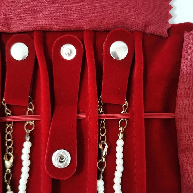 SCIKHEFT Portable Jewelry Roll Untangled Secure Necklace Travel Storage Bag Displays Holder 16 Chain (Burgundy)