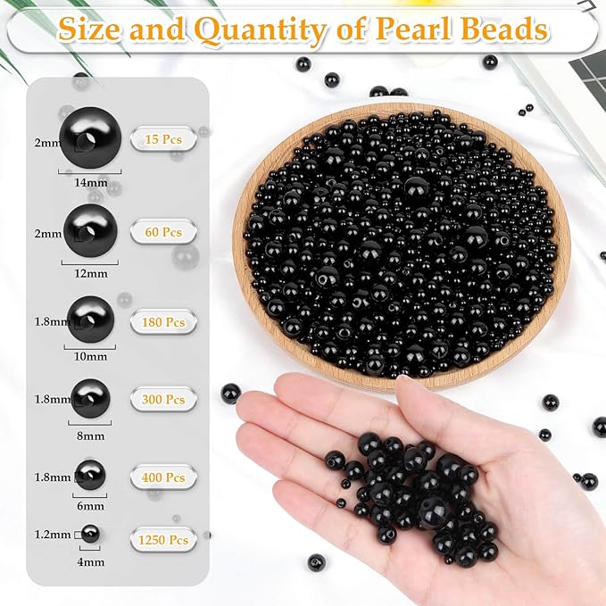 Anezus 2205Pcs Black Pearls for Craft, Assorted Sizes Fake Pearl Beads, Sew on Pearls, Bulk Loose Pearl Beads with Holes for Jewelry Making, Bracelets, Necklaces, Hairs, Decoration, Vase Filler