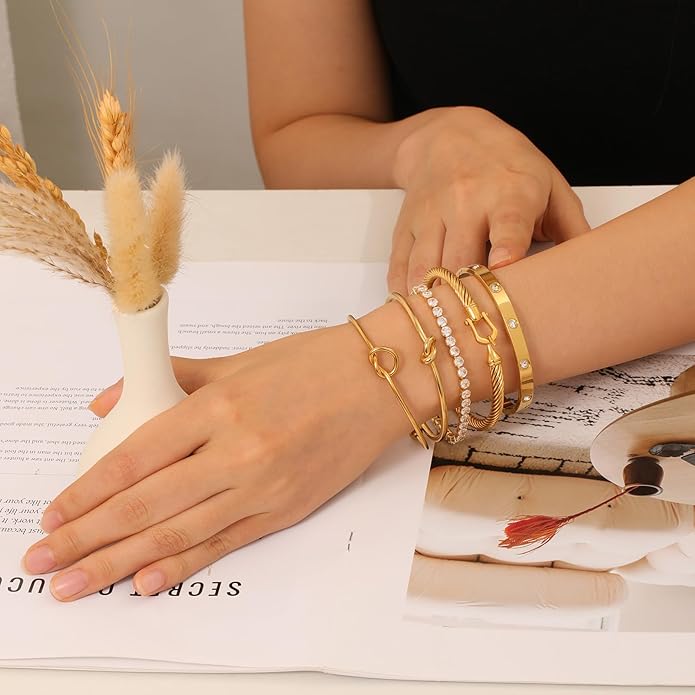 FAFUGA 18 K Gold Plated Love Bangle Bracelet Stack Cuff Jewelry for Women Jewelry Set for Women Gift with Box