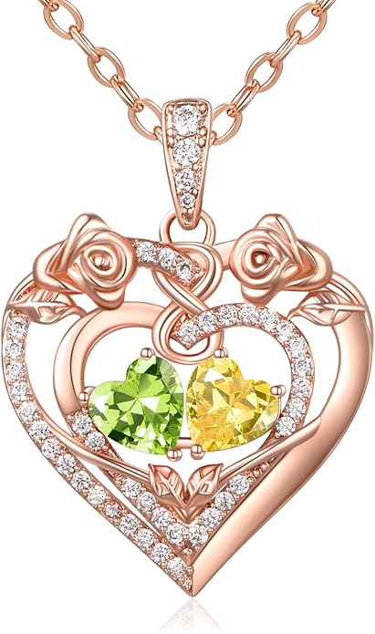 JIYVY32 Rose Heart Necklace for Women Exquisite 925 Sterling Silver Anniversary Birthday Gifts for Wife Mom Her Double Birthstone Pendant Jewelry