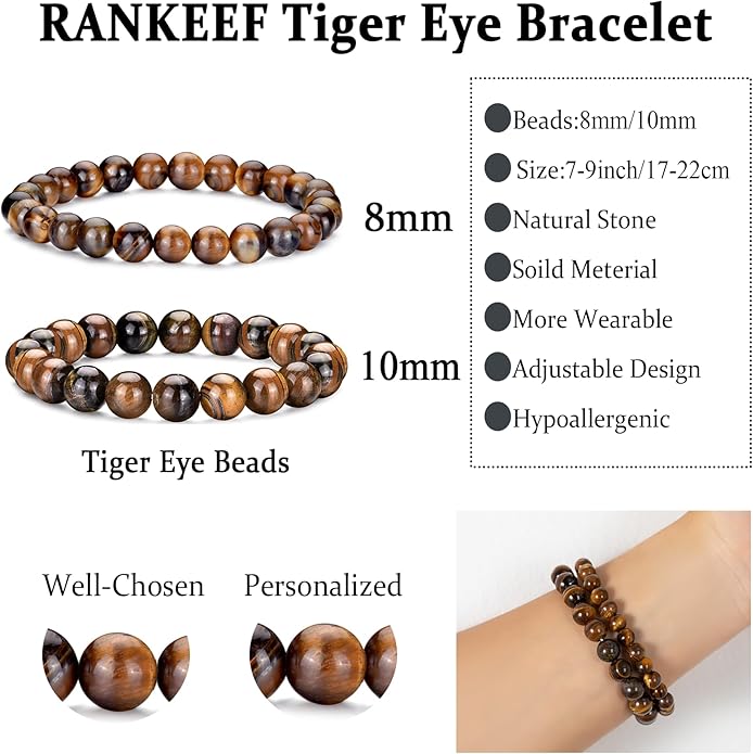RANKEEF Mens Bead Bracelet Set - Adjustable Elastic Rope With 6&8MM Natural Stone Multi-Colored Beads - Tiger Eye Bracelets for Men - Gift