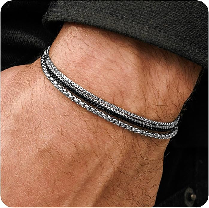 Galis Mens Bracelet - Cuban Link or Box Chain Layered Chain For Men - Premium Stainless Steel, Gift for him, Gold, Silver, Black Bracelet For Men 7-8" Size, 3-5mm Thick