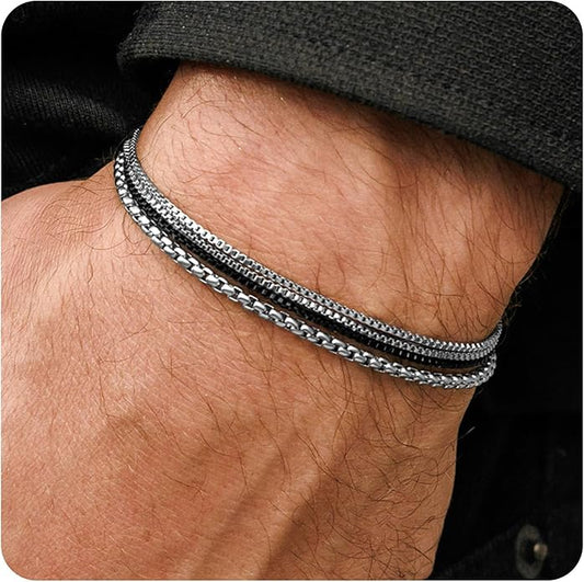 Galis Mens Bracelet - Cuban Link or Box Chain Layered Chain For Men - Premium Stainless Steel, Gift for him, Gold, Silver, Black Bracelet For Men 7-8" Size, 3-5mm Thick