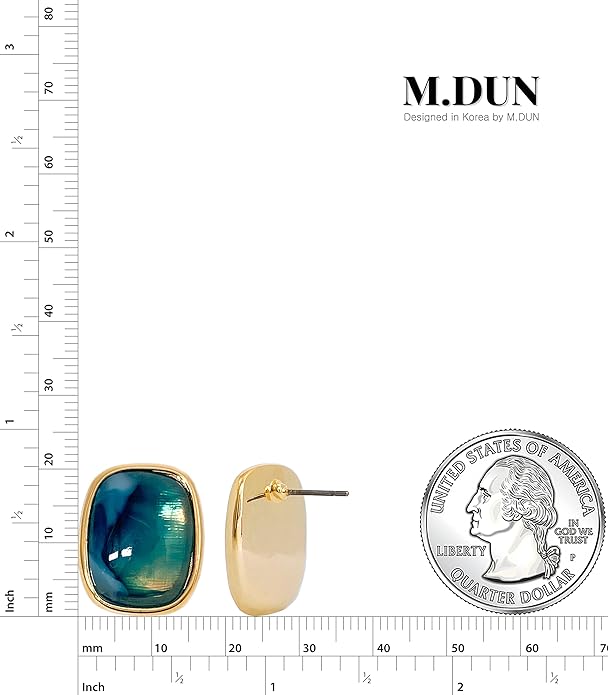 M.DUN- Round Edges Rectangle Shape Studs Earring. Abalone Amber Turquoise Resin Stone Design, 18k Real Gold Plated Bezel, Hypoallergenic Gorgeous Gift for Women