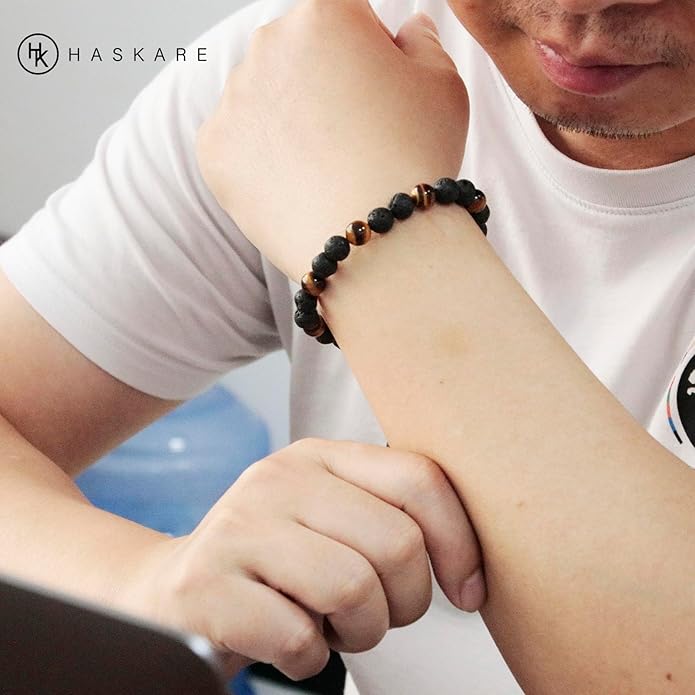 HASKARE Triple Protection Crystal Bracelets for Men, Premium Tiger Eye Bracelet Lava Healing Bracelet Fathers Day Gift, Handmade Cross Stress Relief Beads Bracelets Mens Jewelry Gift for Dad Grandpa