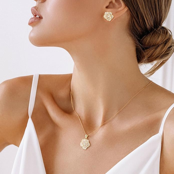 Rose Flower Earring Necklace Set - 14k Gold Plated Hypoallergenic Jewelry Sets For Women, Trendy Cubic Zirconia Floral Hoop Earring Pendant Necklace Anniversary Birthday Gift for Her