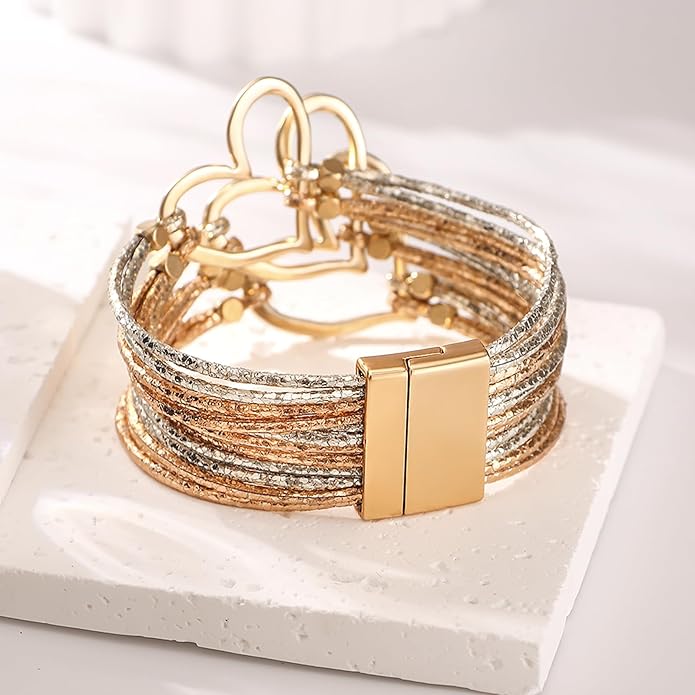 Fesciory Leather Wrap Bracelets for Women, Boho Leopard Multi-Layer Crystal Beads Cuff Bracelet Jewelry