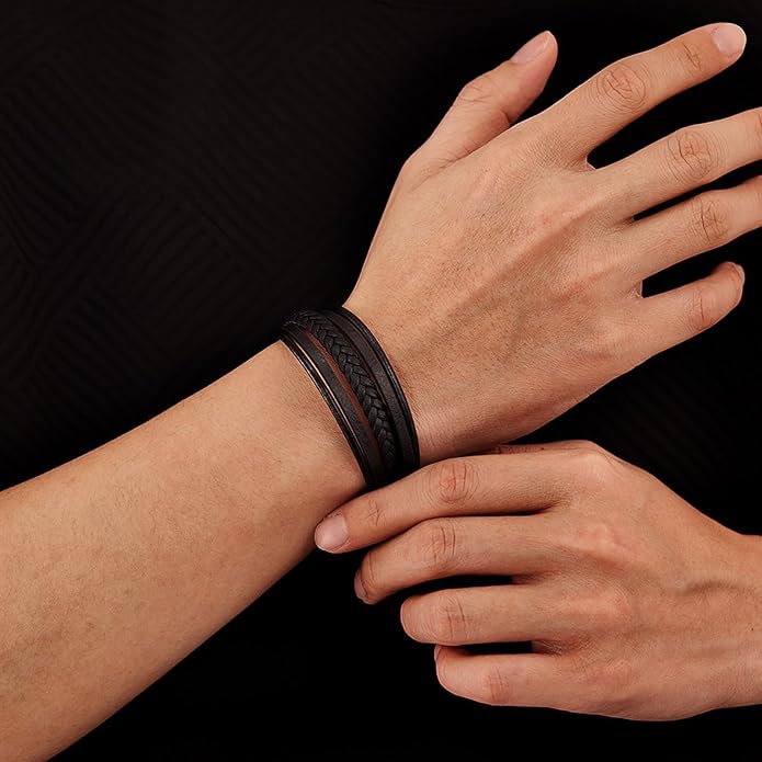 Italian Handmade Genuine Leather Bracelets for Men Stainless Steel Clip, Men's Casual Genuine Multi-layer Cuff Bracelet, Bracelet Gift for Real Men